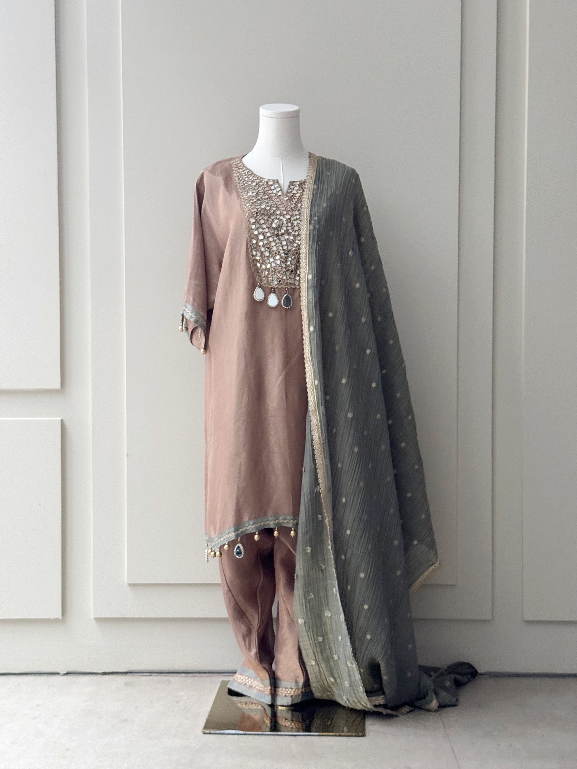 Mirror Work Kurta Set in Mocha Mousse with Sage Green Dupatta