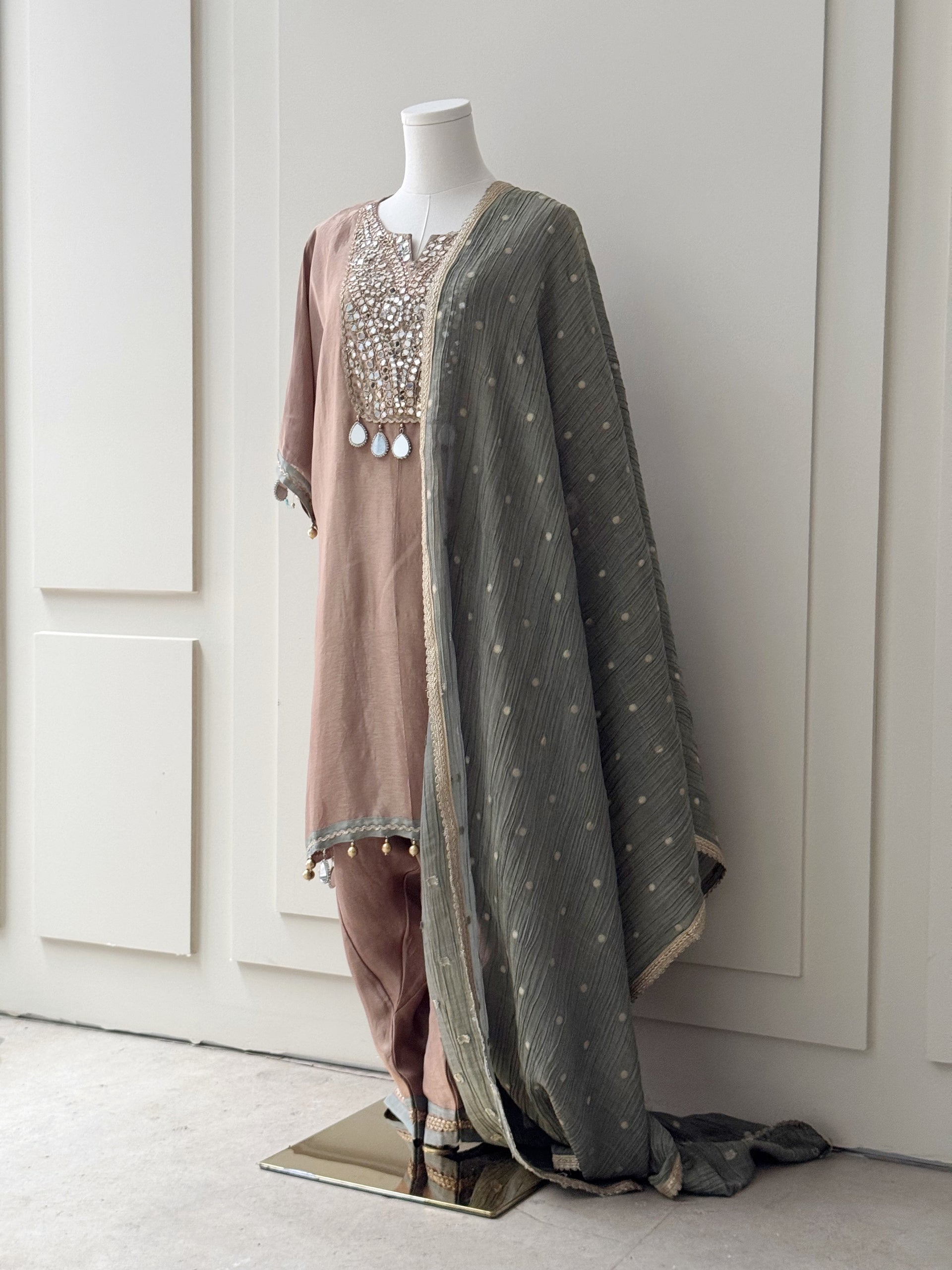 Mirror Work Kurta Set in Mocha Mousse with Sage Green Dupatta
