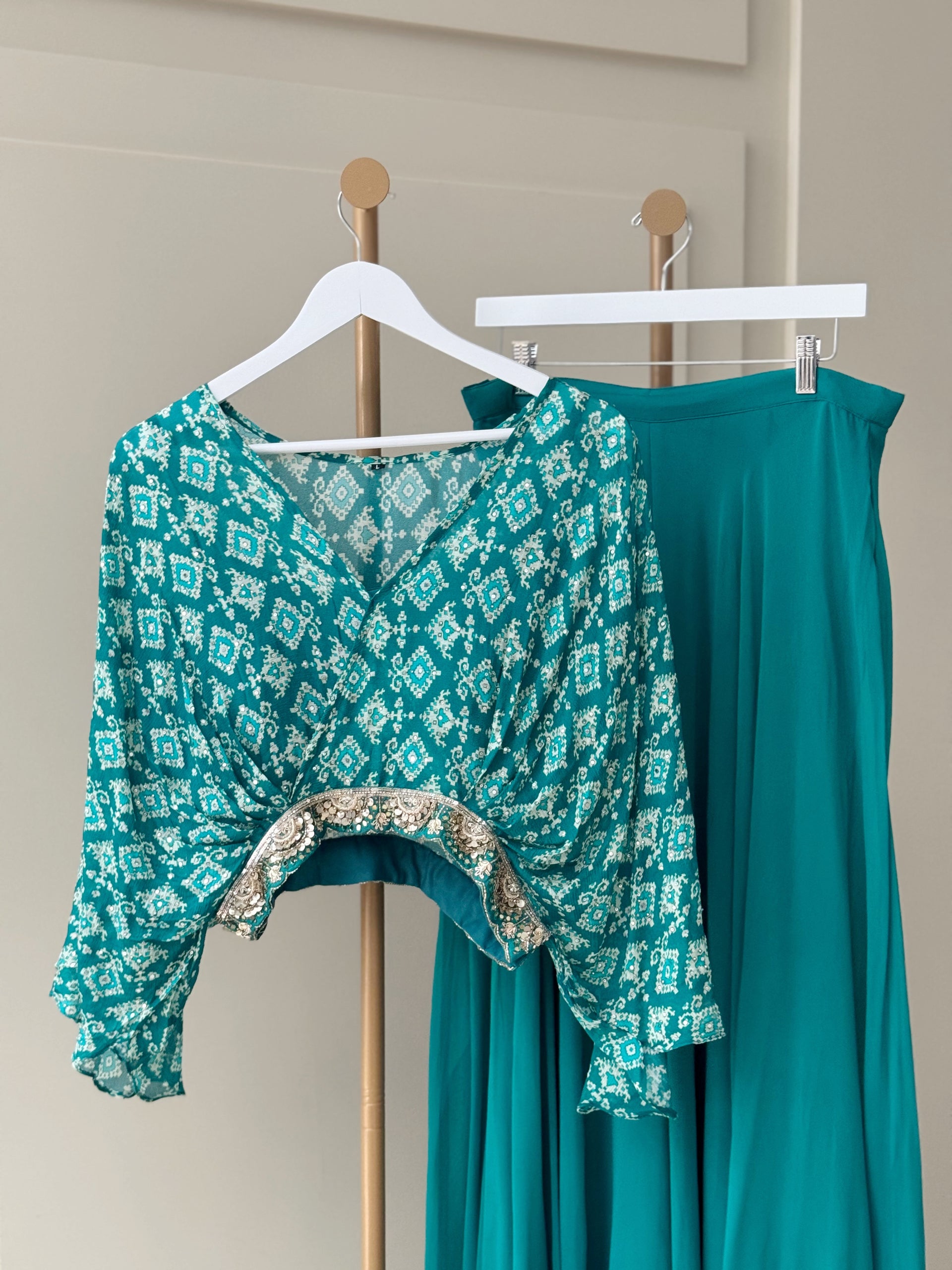 Teal Crop Top with Flowy Pants