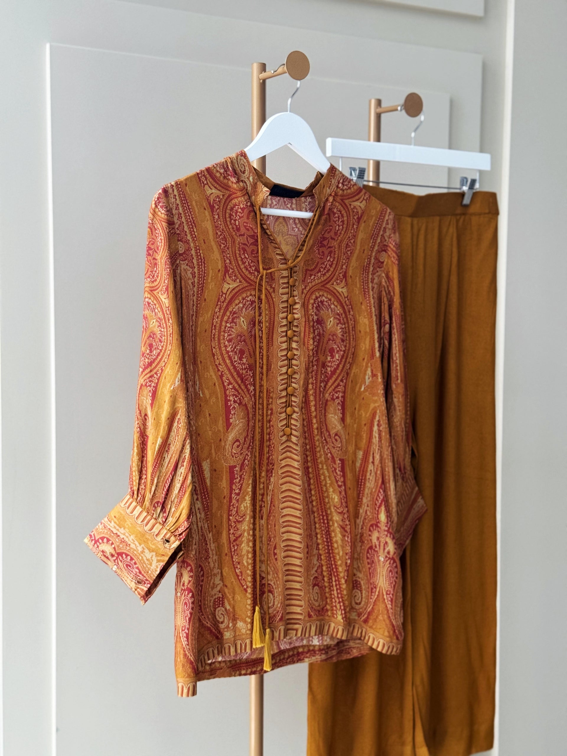 Paisley Tunic with Mustard Wide-Leg Trousers